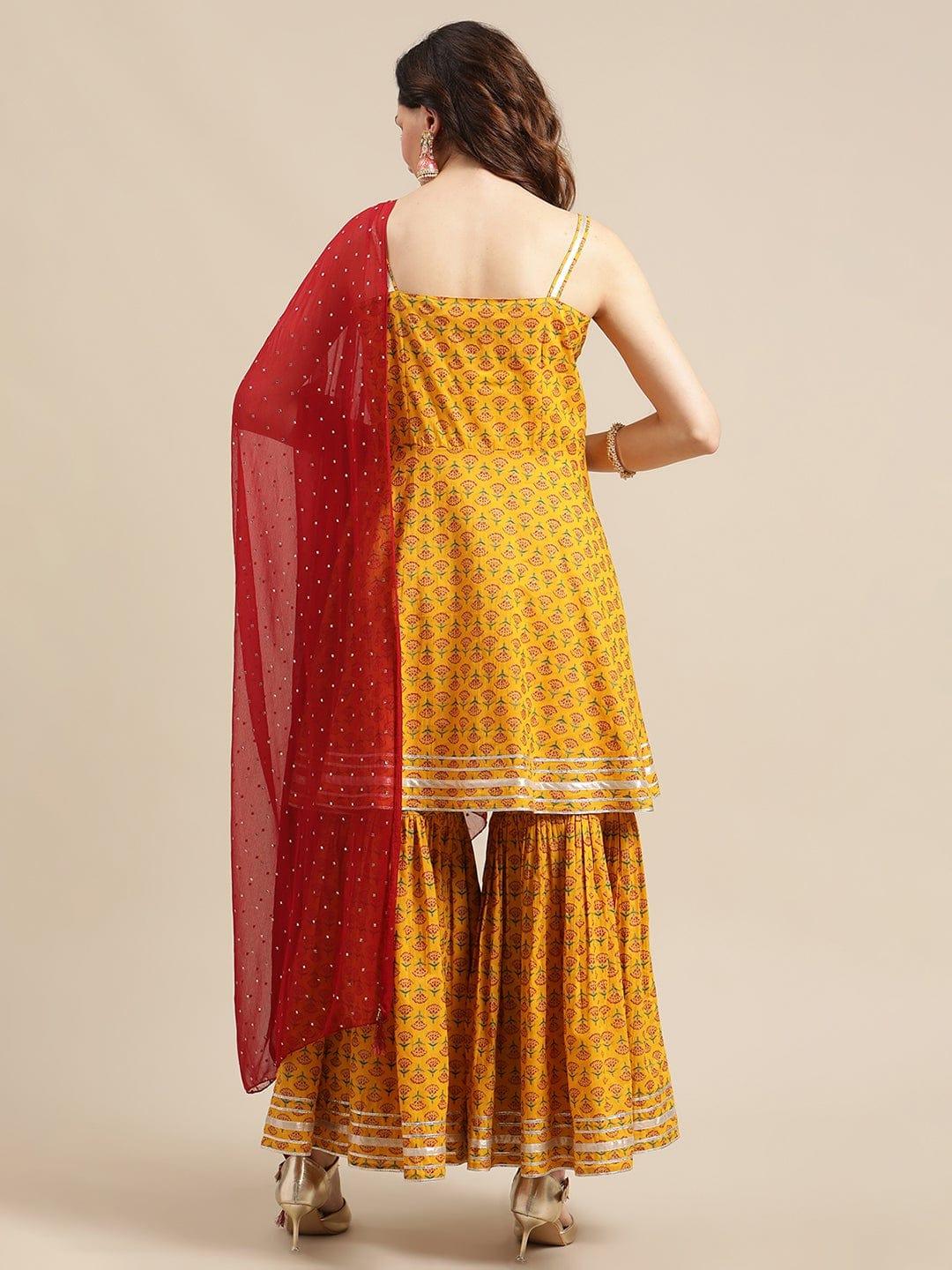 Mustard And Maroon Floral Printed Flared Strap Kurta With Sharara And Dupatta - Indiakreations