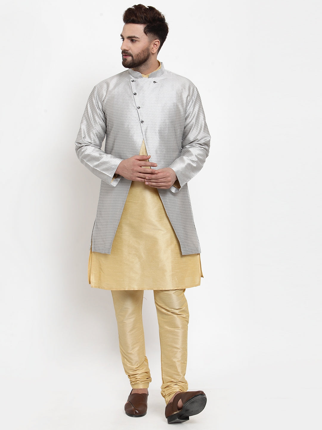 Men's Gold Kurta With Pyjama & Grey Self Design Jacket - Benstoke