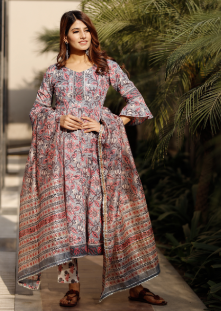 Women's  Floral cotton hand block print kurta with chanderi dupatta