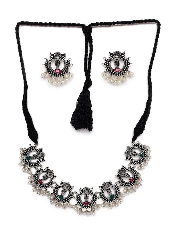 Women's Oxidised Silver-Plated & Green Stone-Studded & Beaded Traditional Jewellery Set - Jazz and Sizzle - Indiakreations