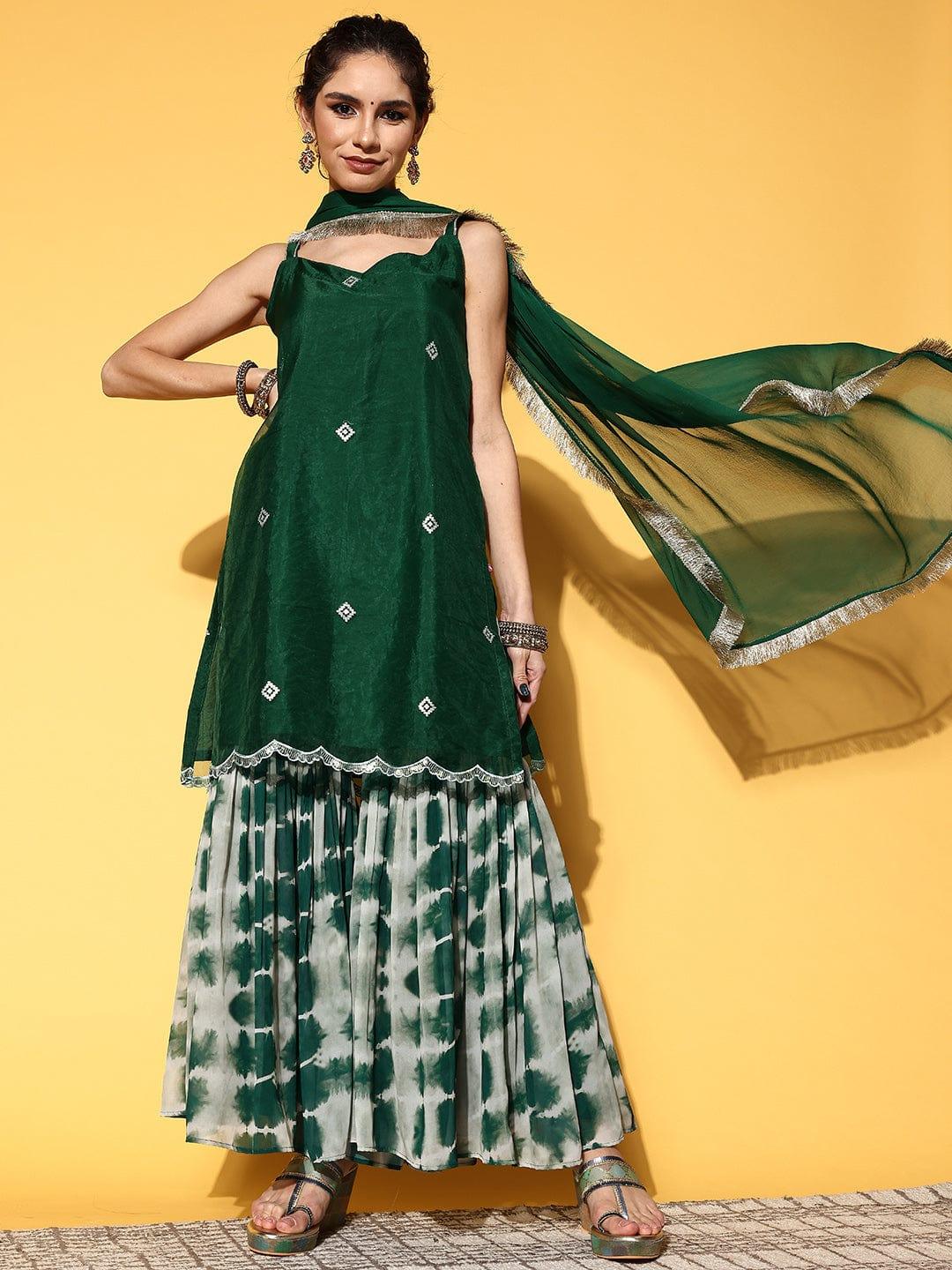 Varanga Women Green Embroidered Sequinned Kurta with Sharara & Dupatta - Indiakreations