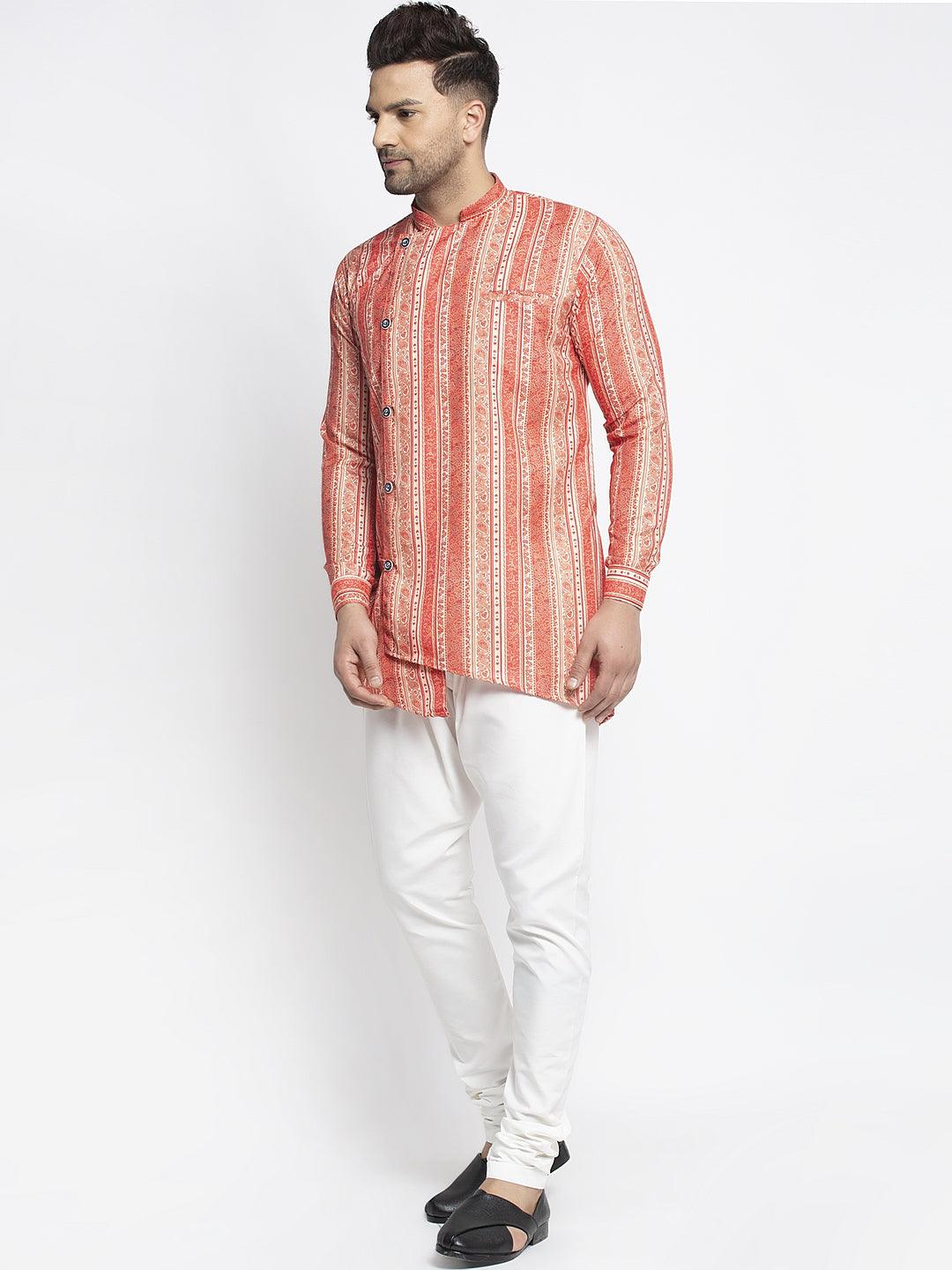 Men's Orange & Beige Printed Short Kurta With White Pyjama - Benstoke - Indiakreations