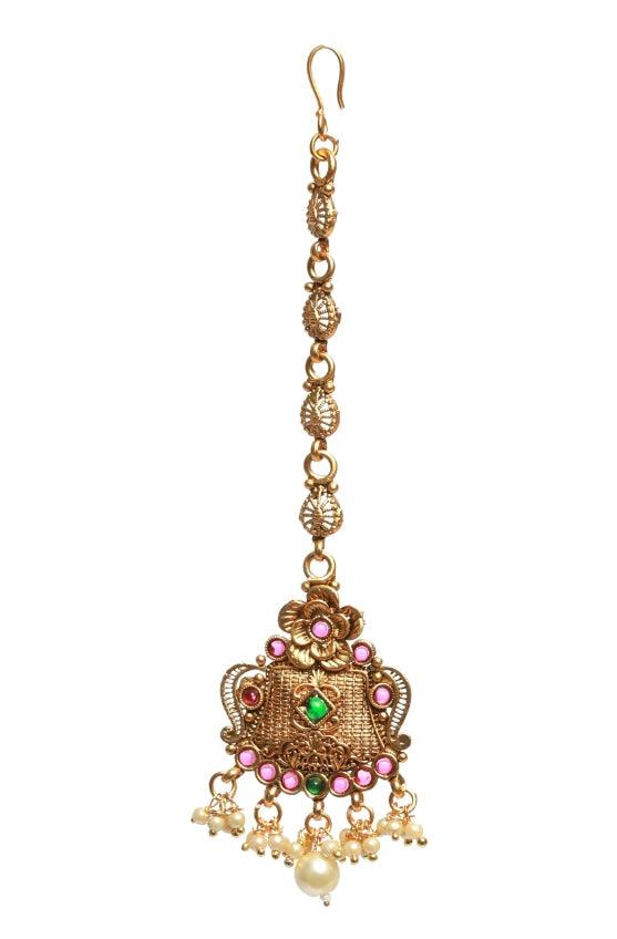 Women's Gold-Plated Green & Red Stone-Studded & Beaded Floral Temple Maang Tikka - Jazz And Sizzle - Indiakreations