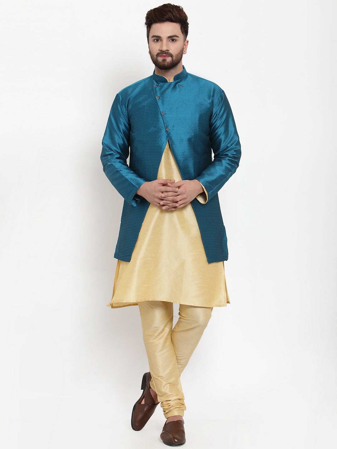 Men's Gold Kurta With Pyjama & Peacock Blue Self Design Jacket - Benstoke