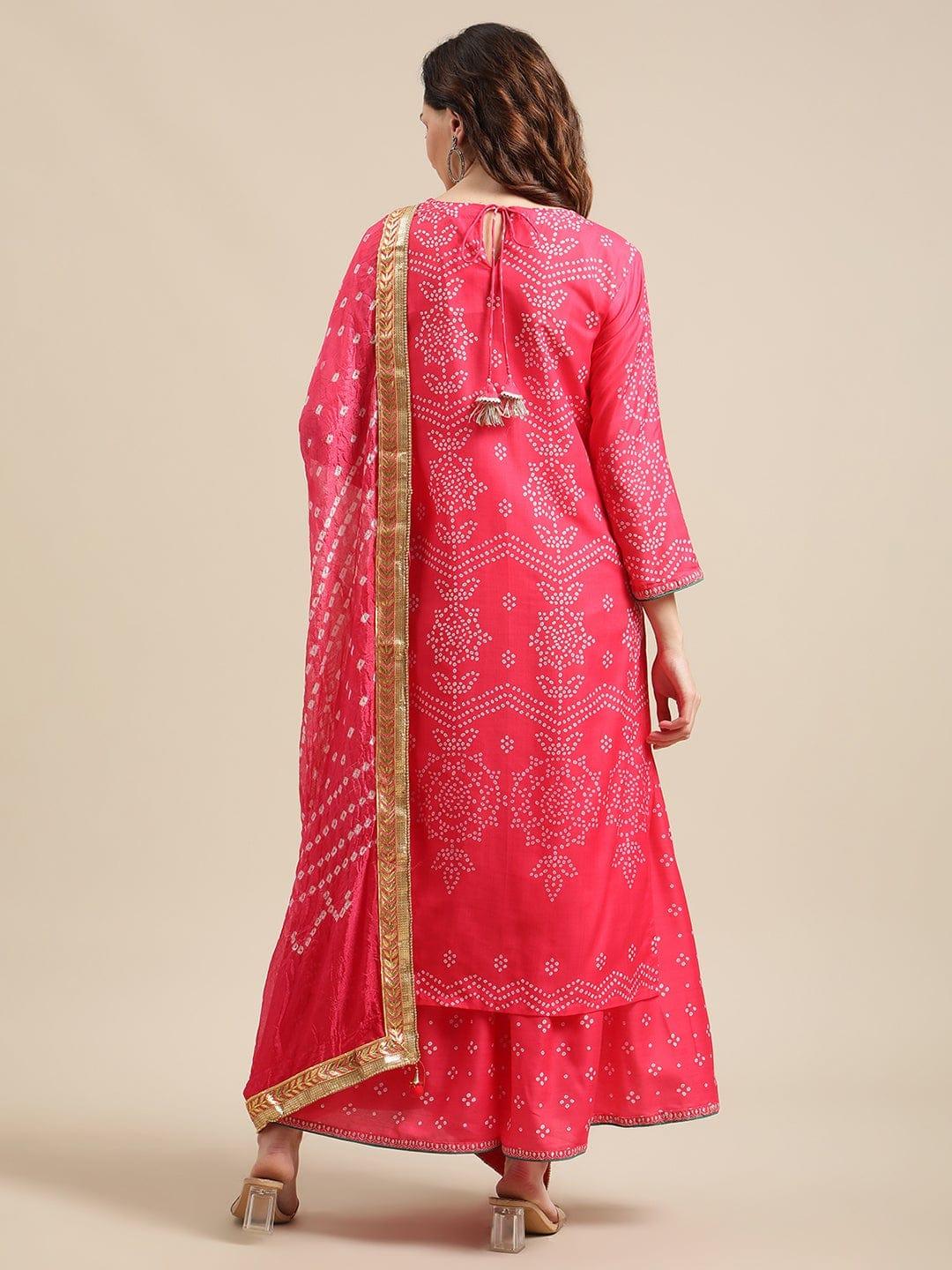 Pink Zari Embroidered Kurta Palazzo Set With Lace Embellished Bandhej Dupatta - Indiakreations