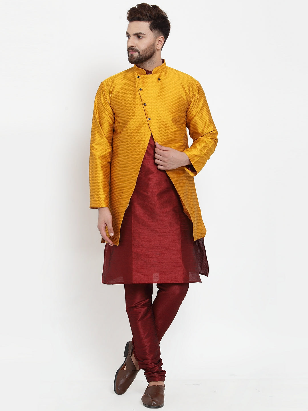 Men's Maroon Kurta With Pyjama & Mustard Self Design Jacket - Benstoke