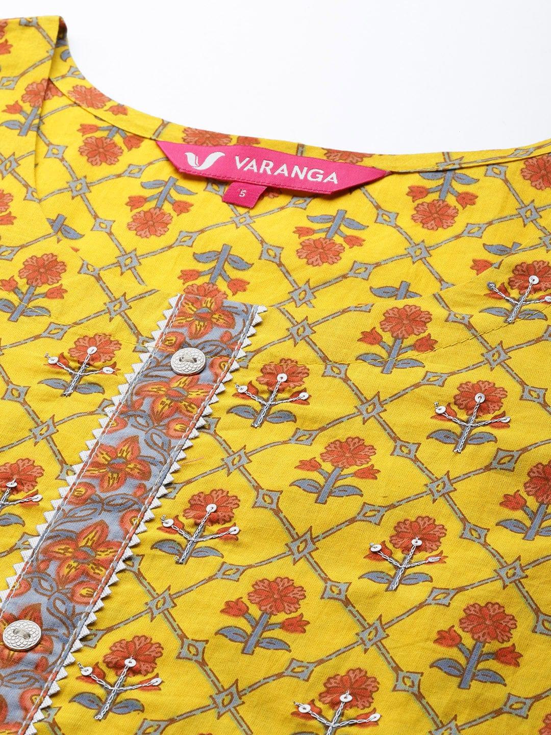 Varanga Women Yellow & Pink Ethnic Motifs Printed Sequin Cotton Kurta - Indiakreations