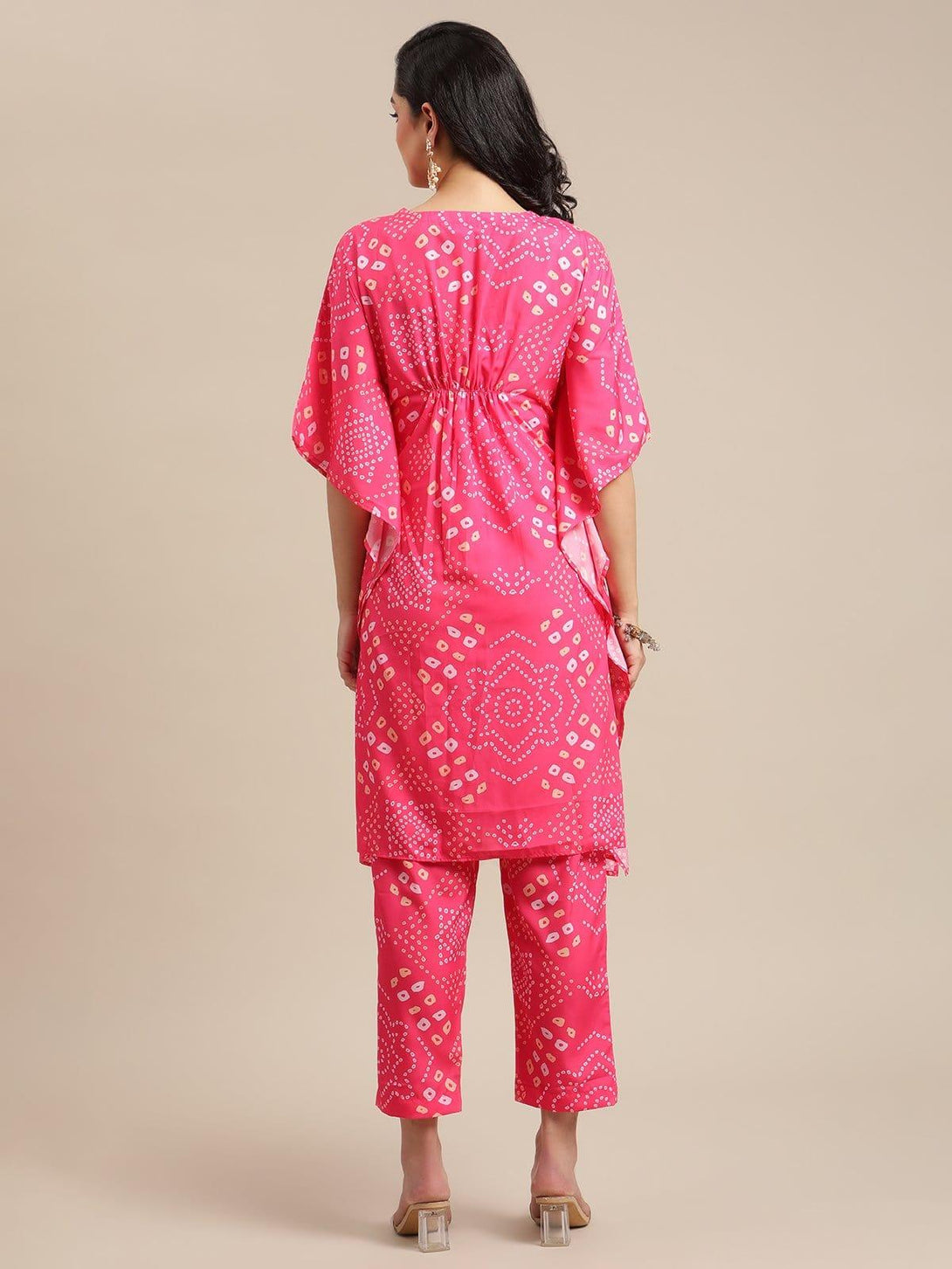 Pink And Yellow Bandhej Printed Kurta Kaftan With Printed Trouser - Indiakreations