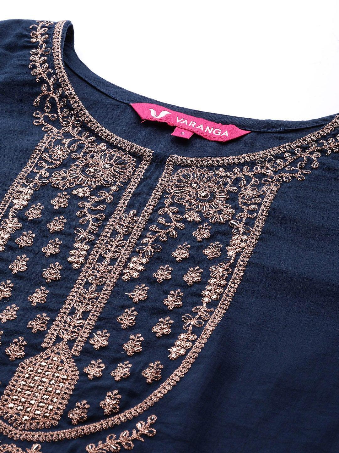 Varanga Women Navy Blue & Golden Ethnic Motifs Embroidered Kurta with Trousers & Dupatta - Indiakreations