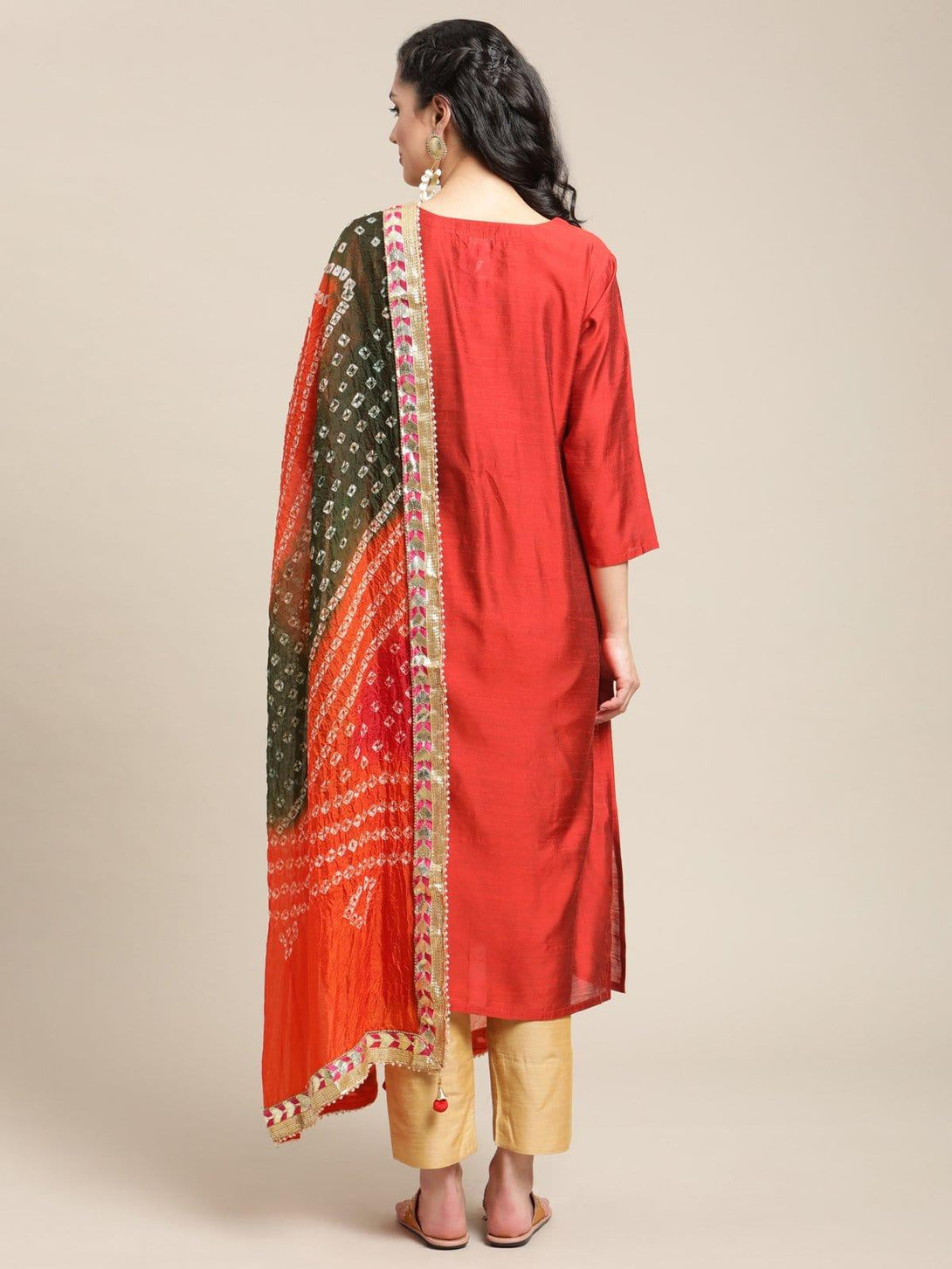 Rust Zari And Sequins Embroidery Kurta With Trouser And Bandhej Silk Dupatta - Indiakreations