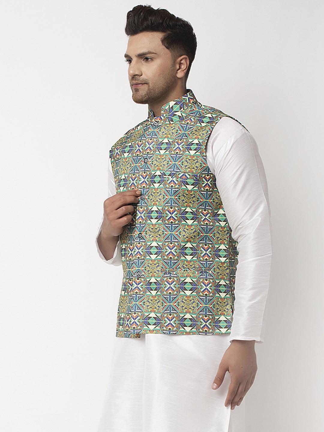 Men's Green & Blue Printed Nehru Jacket - Benstoke - Indiakreations