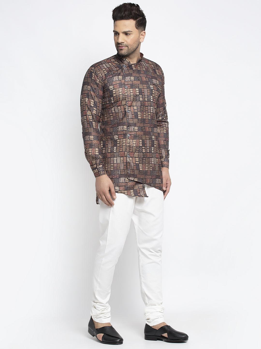 Men's Brown & Beige Printed Short Kurta With White Pyjama - Benstoke - Indiakreations