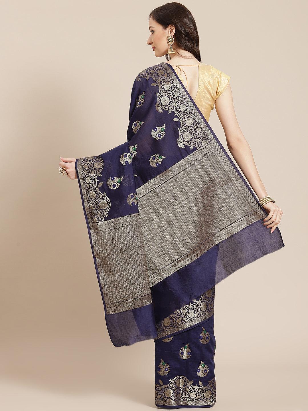 Women's Navy Blue Pure Cotton Silk Cutwork Saree - Varanasi - Indiakreations