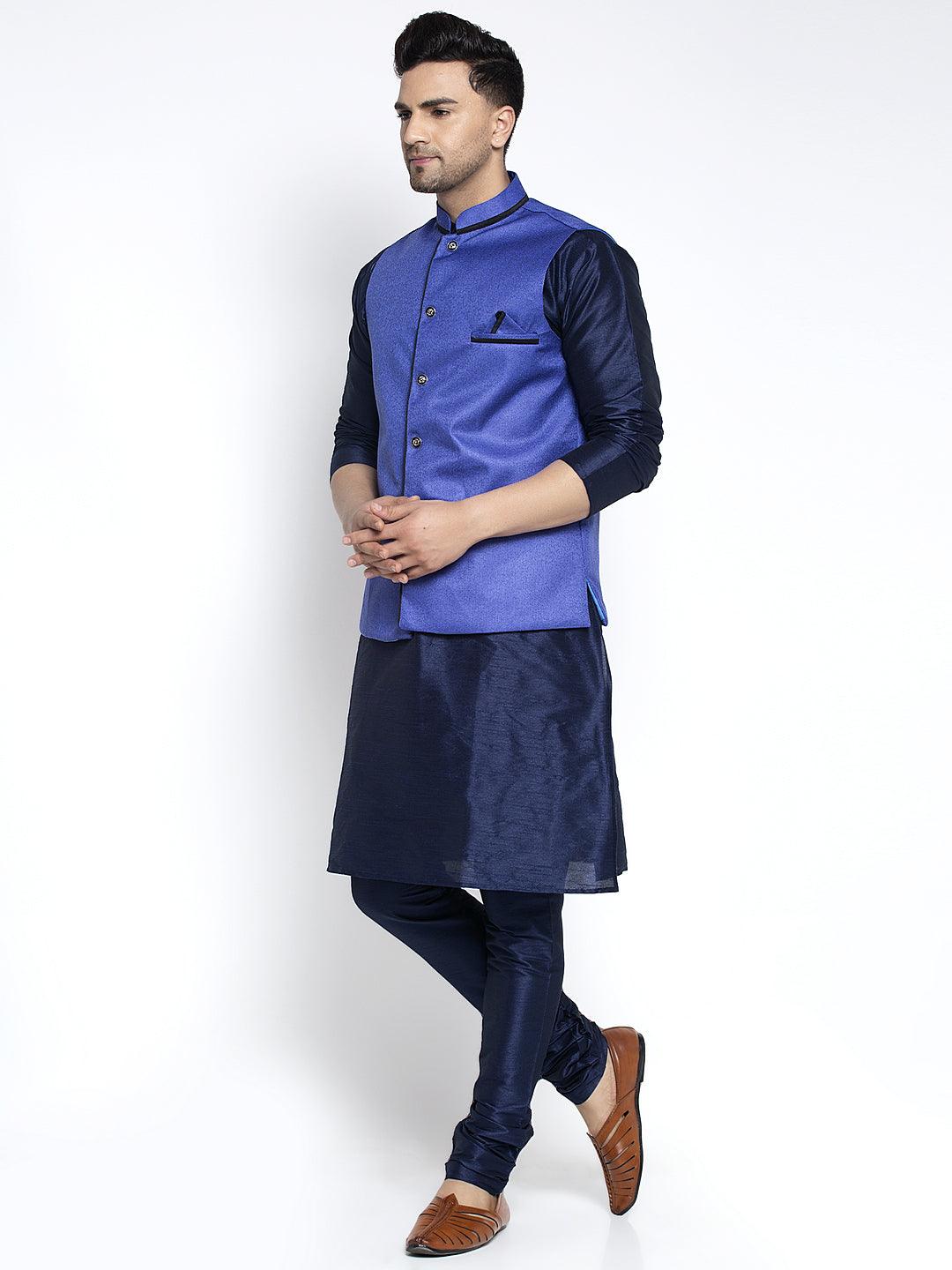 Men's Silk Blend Navy Blue Kurta With Pyjama & Royal Blue Nehru Jacket - Benstoke - Indiakreations