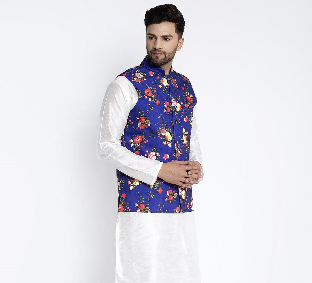 Men's Blue & Multi Printed Nehru Jacket - Benstoke - Indiakreations