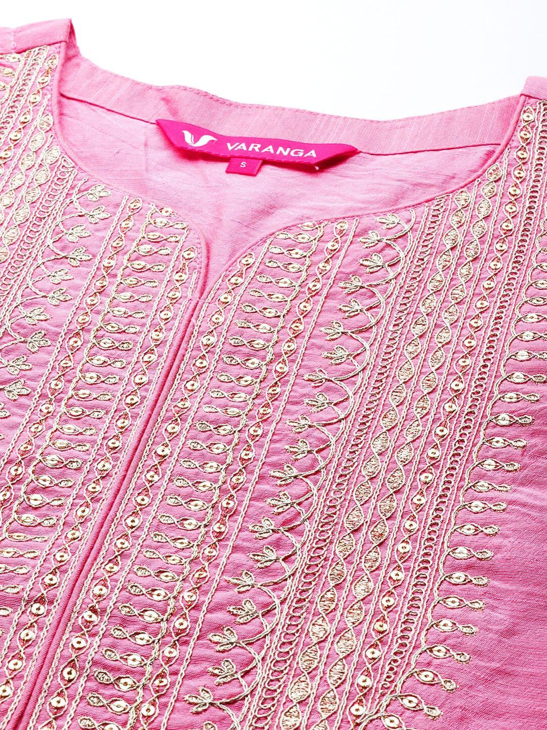 Varanga Women Pink Ethnic Motifs Embroidered Sequinned Dupion Silk Kurta with Trousers & With Dupatta - Indiakreations