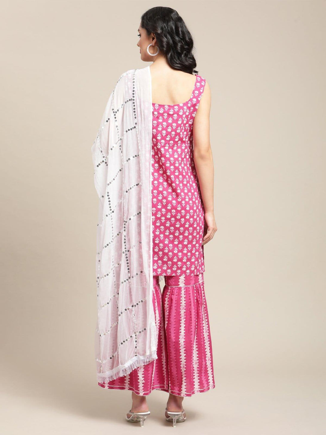 Pink Floral Printed Kurta Sharara Set With White Sequins Work Dupatta - Indiakreations