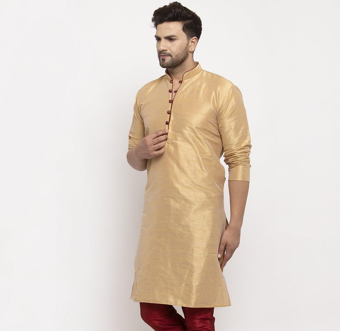 Men's Silk Blend Gold Straight Long Kurta - Benstoke - Indiakreations