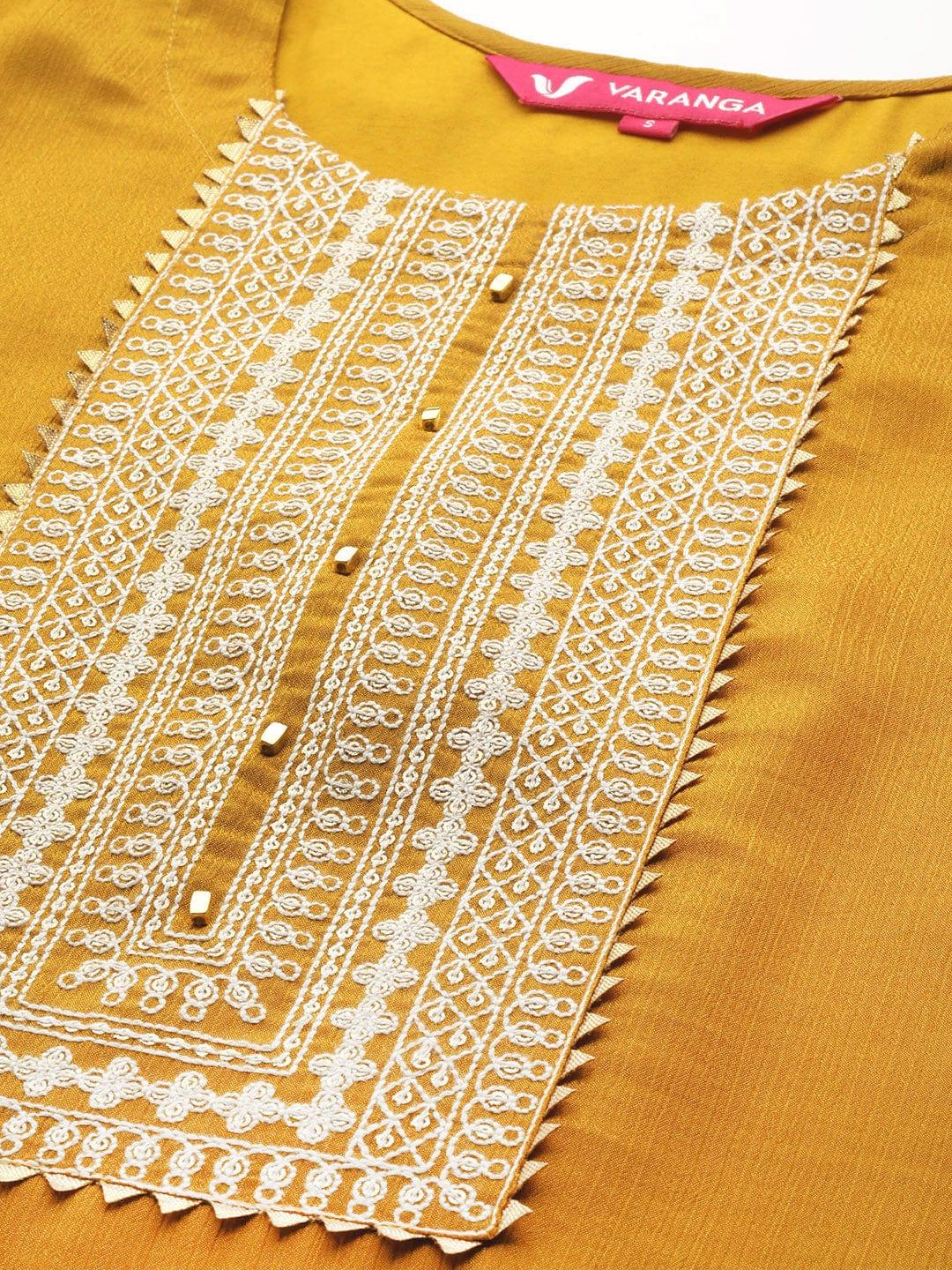 Varanga Women Mustard Yellow Ethnic Motifs Embroidered Gotta Patti Kurta - Indiakreations