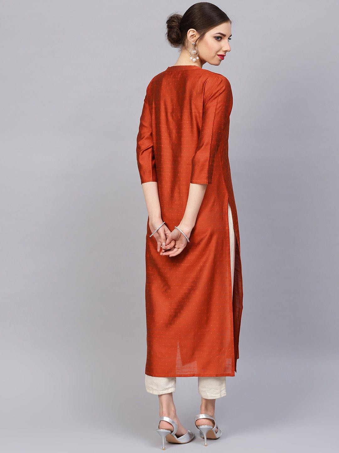 Women Rust Orange Dobby Woven Design Straight Kurta - Indiakreations