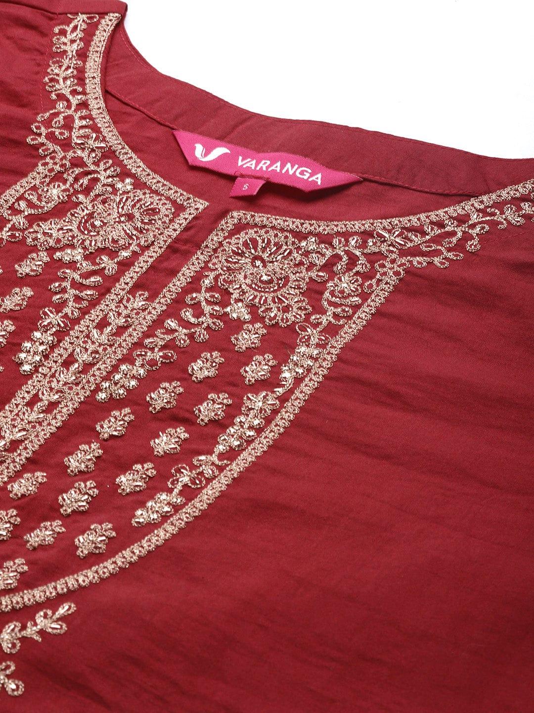 Varanga Maroon Embroidered Kurta With Embroidered Trouser And Ombre Dupatta - Indiakreations