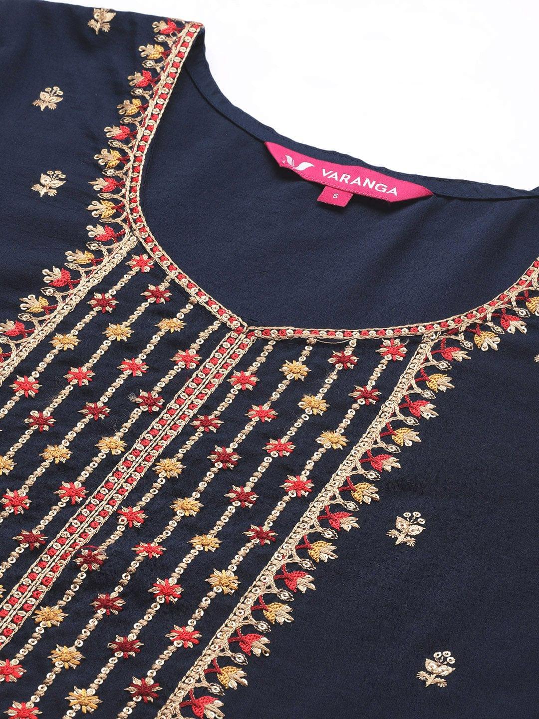 Varanga Women Blue Embroidered Kurta with Trousers & With Dupatta - Indiakreations