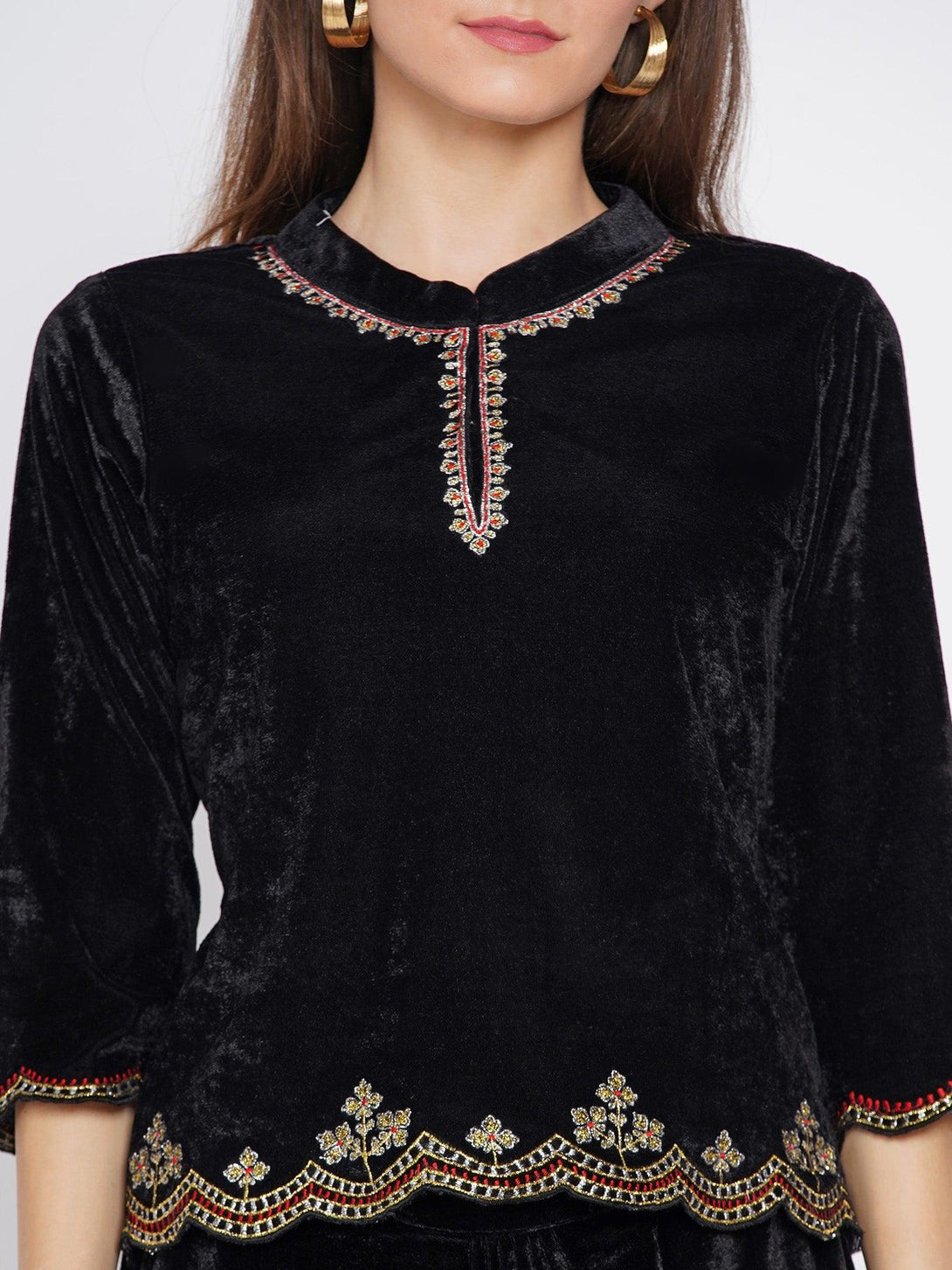 Women's Black Embroidered Velvet Kurta with Dhoti - Women Republic - Indiakreations