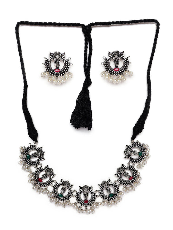 Women's Oxidised Silver-Plated & Green Stone-Studded & Beaded Traditional Jewellery Set - Jazz and Sizzle