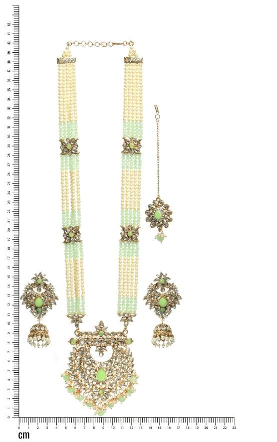 Women's Mint Green Coloured Gold-Plated Kundan-Studded & Beaded Handcrafted Jewellery Set - Jazz And Sizzle - Indiakreations