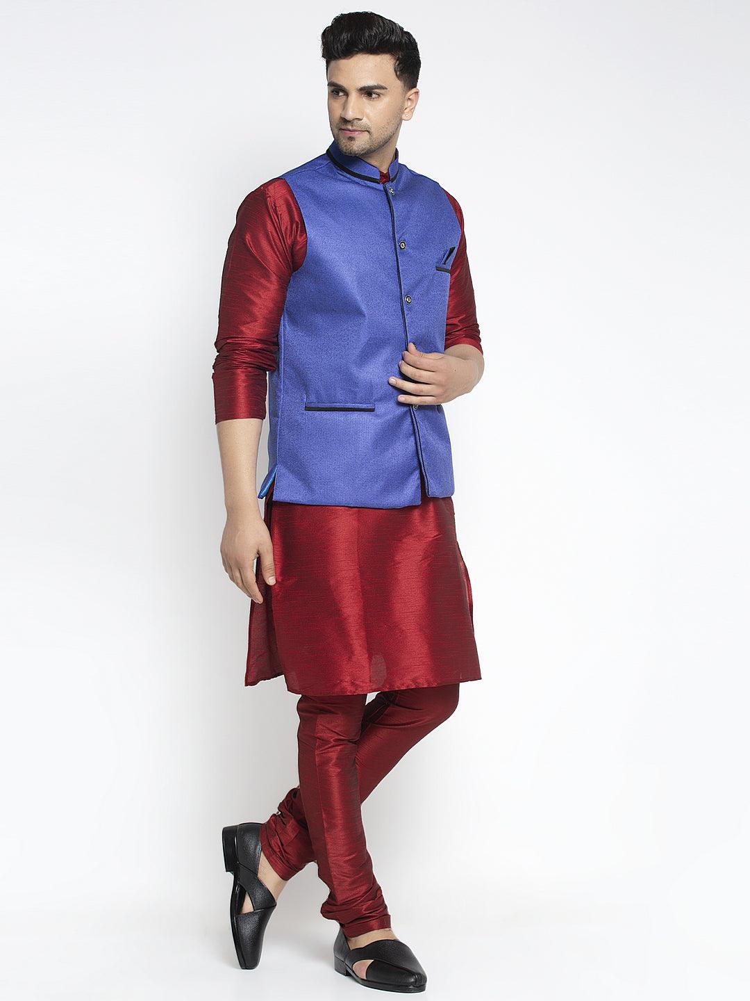 Men's Silk Blend Maroon Kurta With Pyjama & Royal Blue Nehru Jacket - Benstoke - Indiakreations