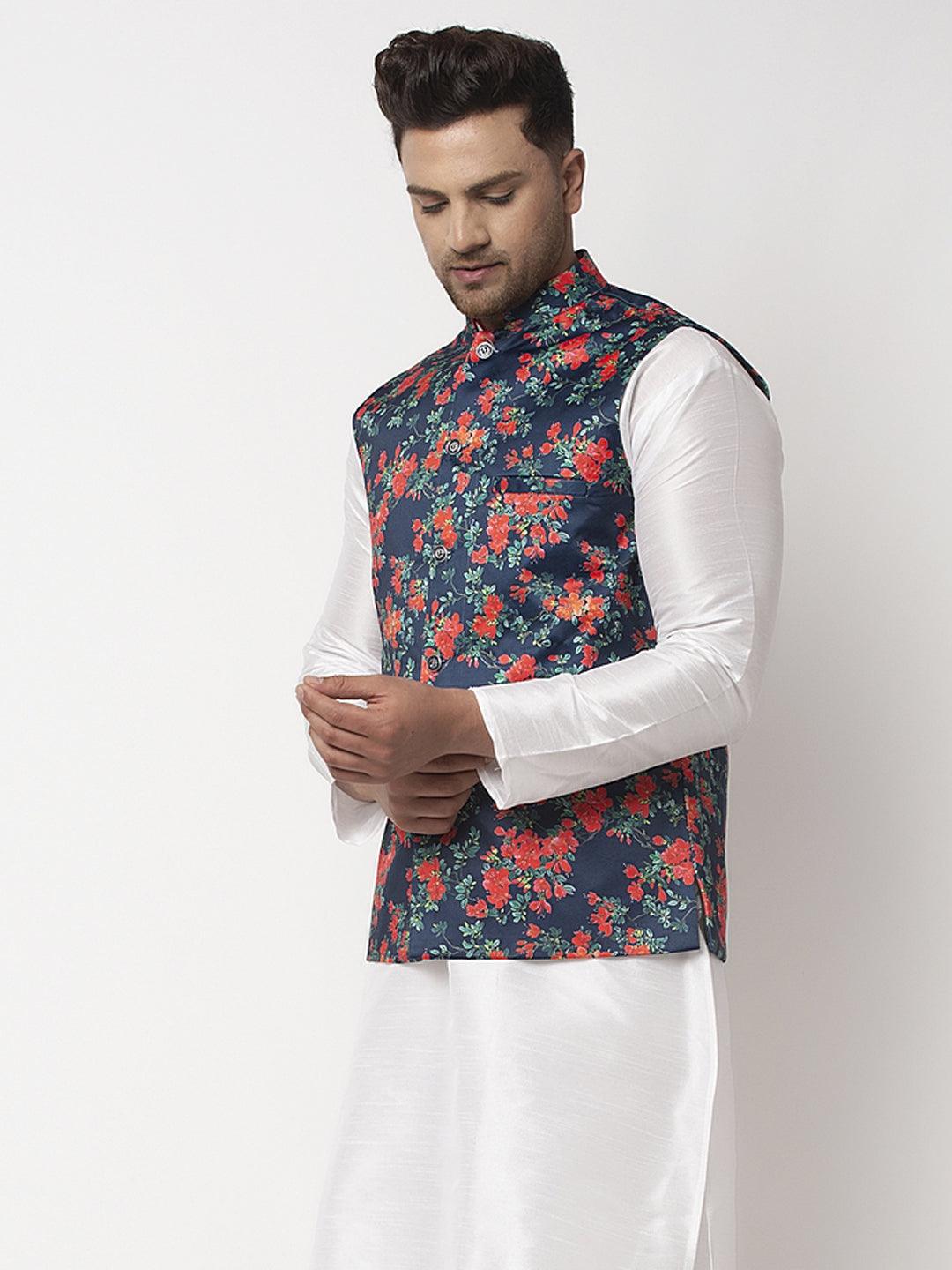 Men's Navy Blue & Orange Printed Nehru Jacket - Benstoke - Indiakreations