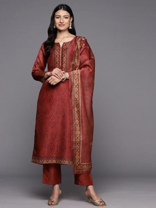 Varanga Ethnic Motifs Printed Chanderi Silk Kurta With Trousers & With Dupatta - Indiakreations