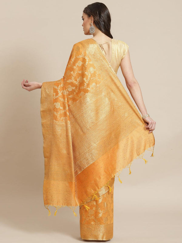 Women's Orange Cotton Silk Saree - Varanasi - Indiakreations