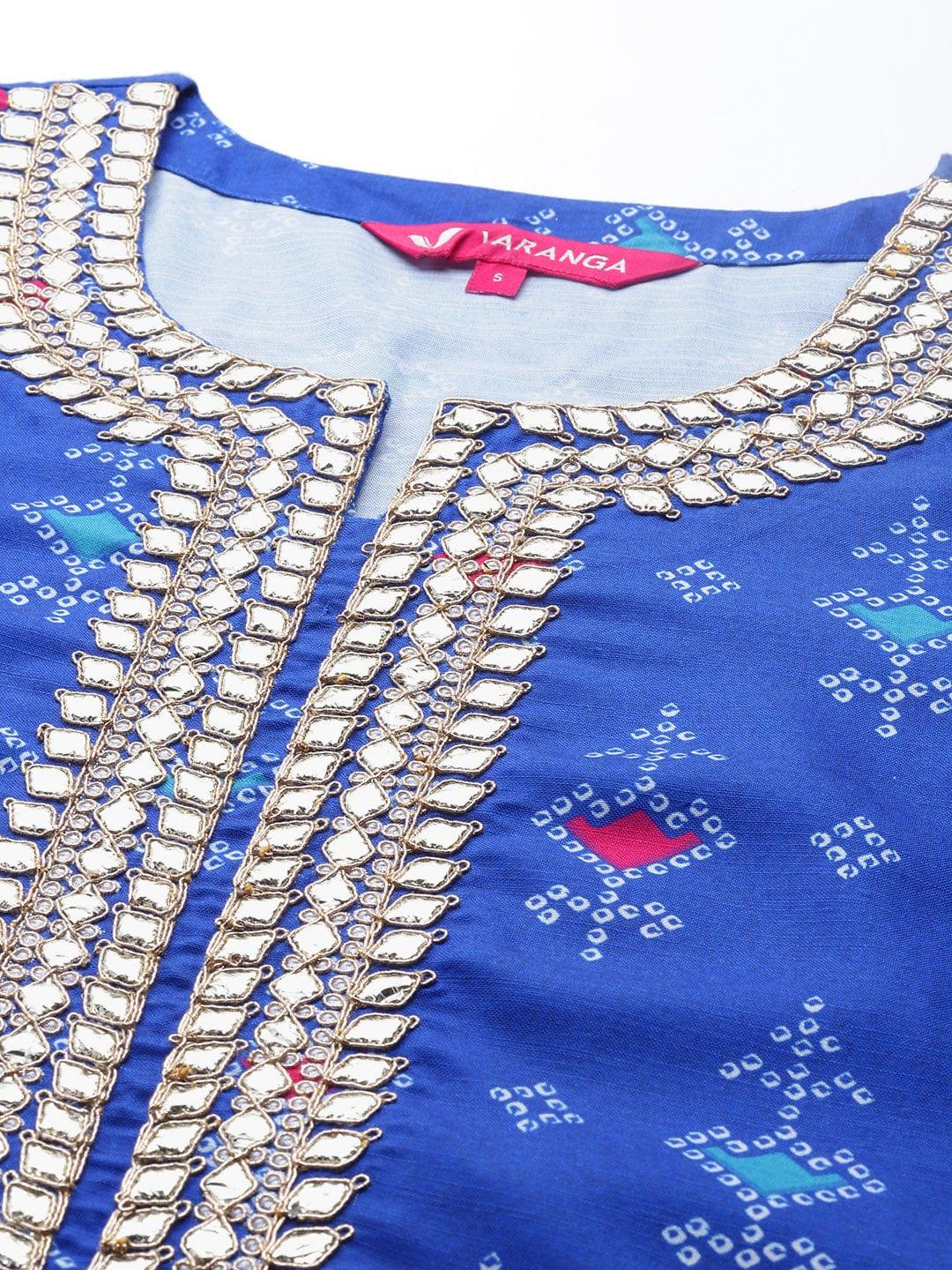 Varanga Women Blue Bandhani Printed Gotta Patti Kurta with Trousers & Dupatta - Indiakreations