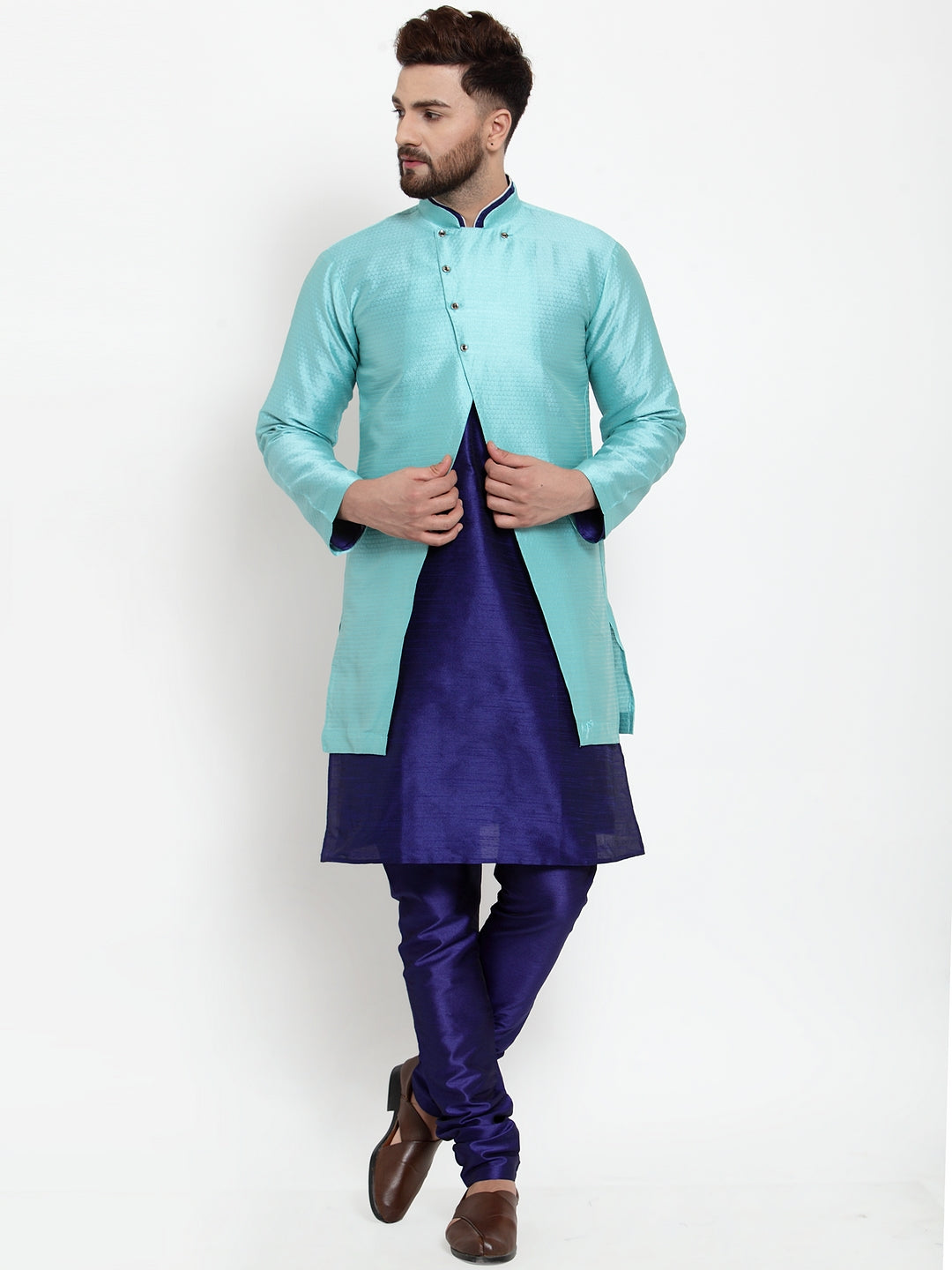 Men's Royal Blue Kurta With Pyjama & Sky Blue Self Design Jacket - Benstoke