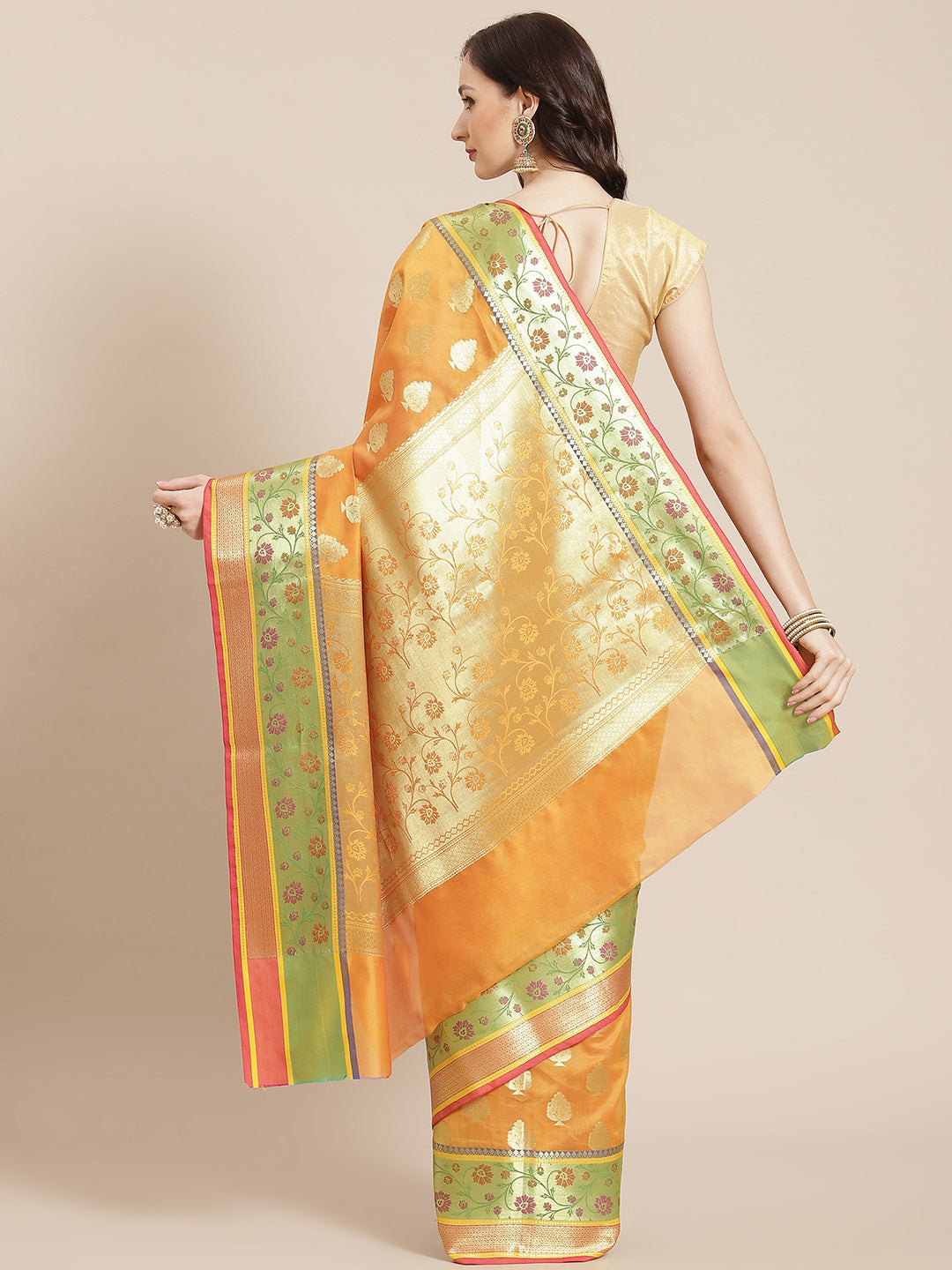 Women's Mustard Silk Jaamdani Cutwork Saree - Varanasi - Indiakreations