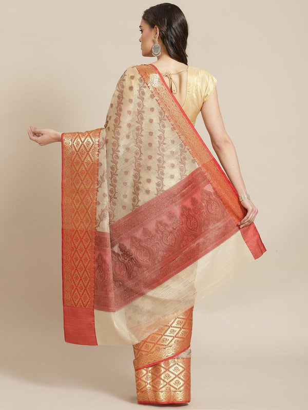 Women's Beige Cotton Silk Saree - Varanasi - Indiakreations