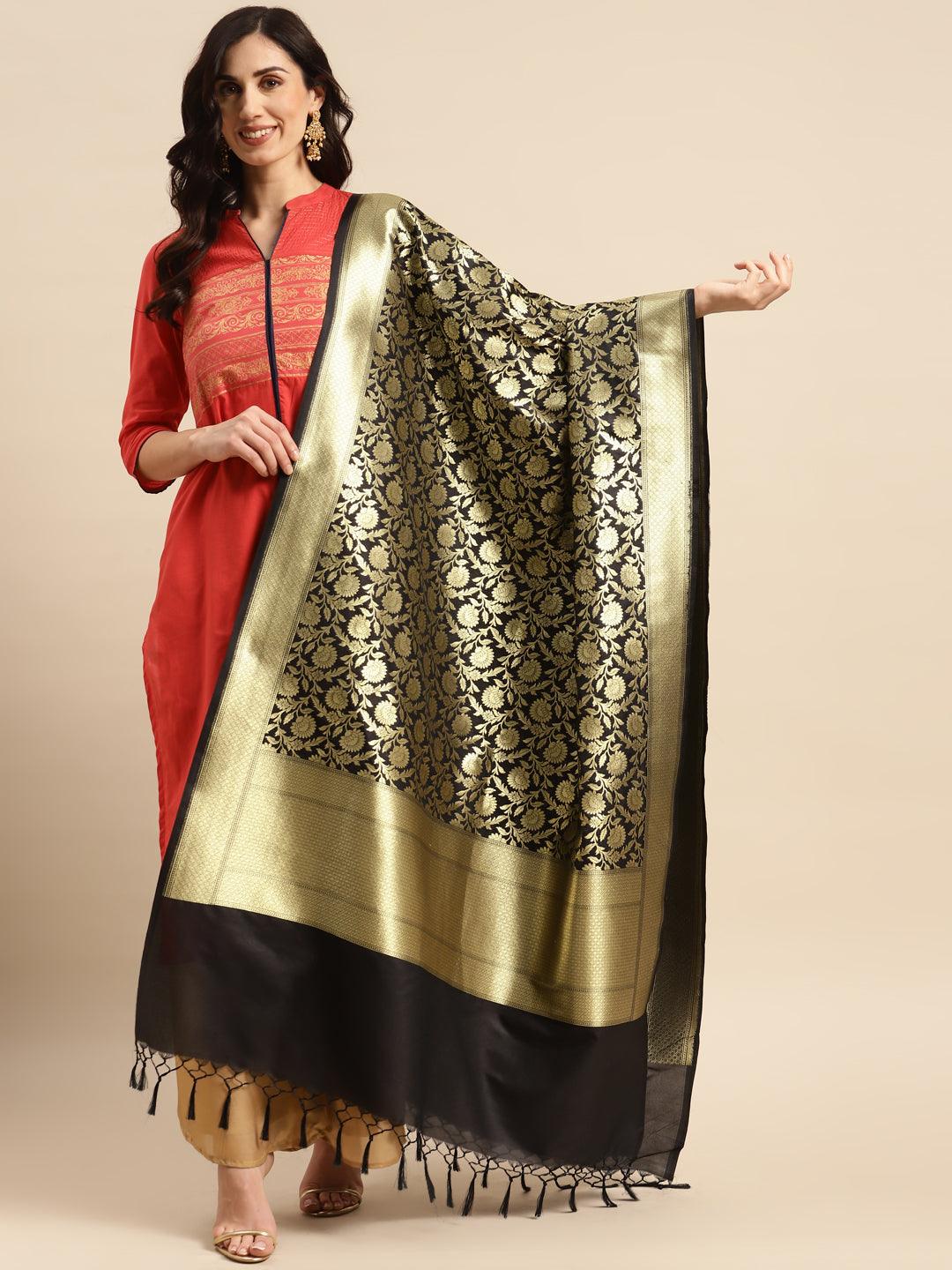 Women's Black Color Ethnic Motifs Woven Design Dupatta With Zari - Varanasi - Indiakreations