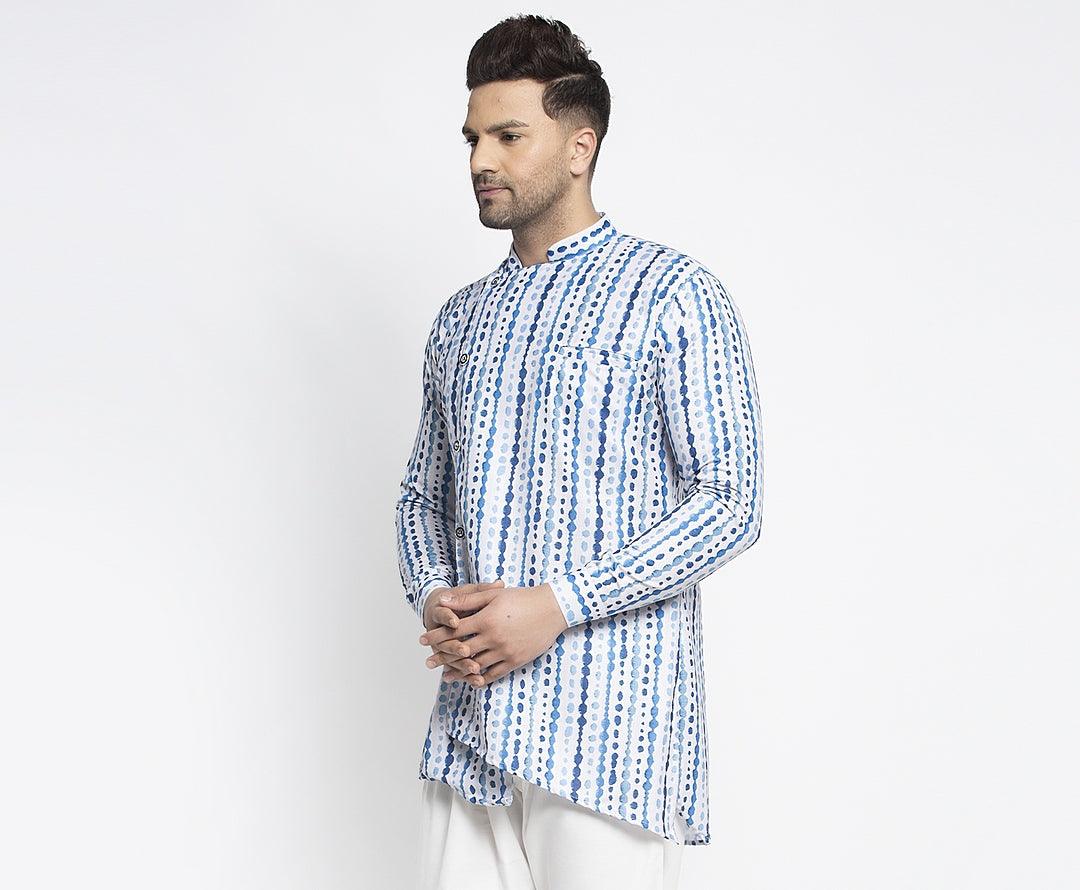 Men's Blue & White Asymmetric Printed Short Kurta - Benstoke - Indiakreations