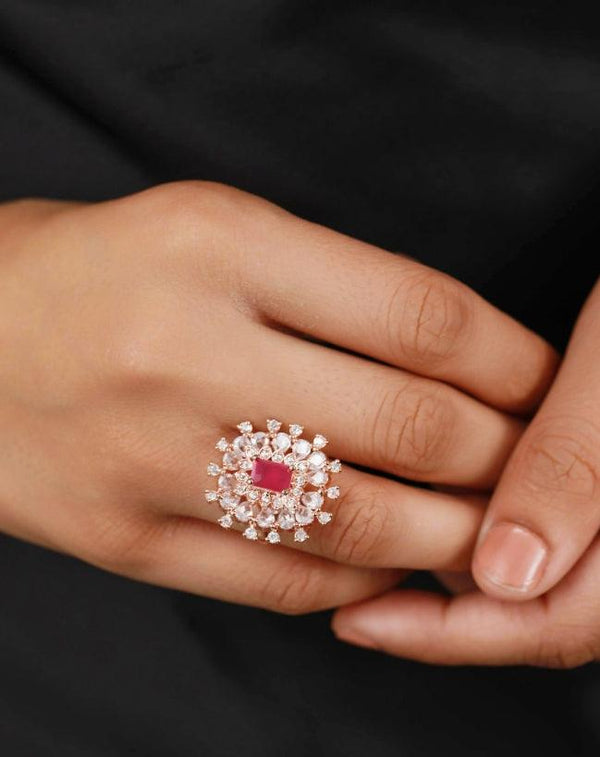 Women's Rose Gold Plated & Pink American Diamond Studded Statement Ring - Jazz And Sizzle - Indiakreations