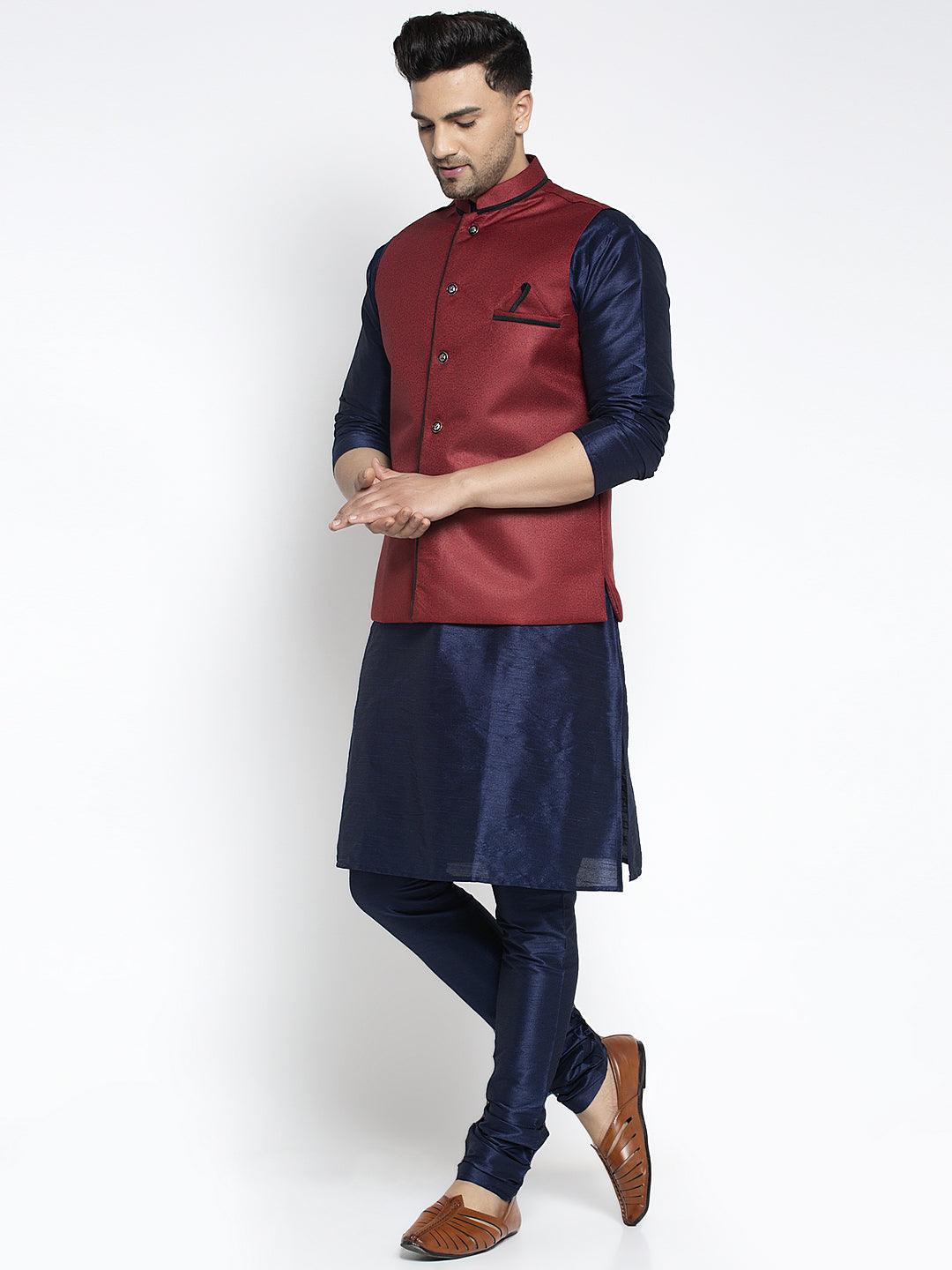 Men's Silk Blend Navy Blue Kurta With Pyjama & Maroon Nehru Jacket - Benstoke - Indiakreations