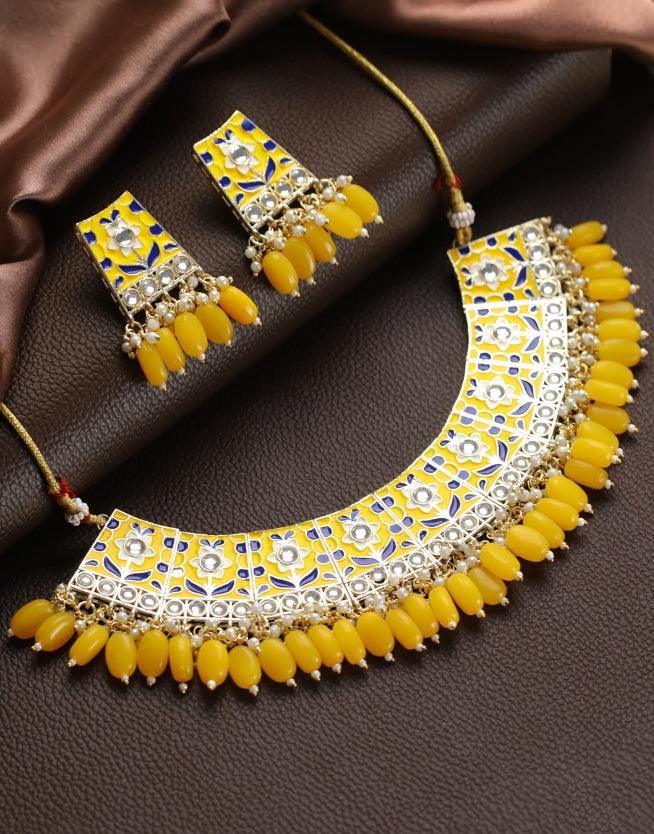 Women's Gold-Plated Yellow Meenakari & Pearl Beaded Choker Jewellery Set - Jazz And Sizzle - Indiakreations