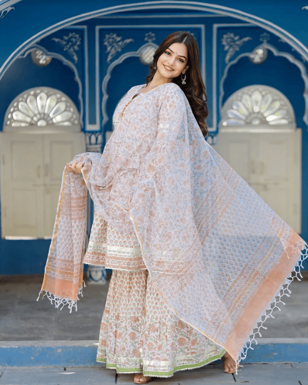 Women's Orange Motif Block Printed White Kurta Sharara Set Paired With Kota Doria Dupatta - Pheeta - Indiakreations