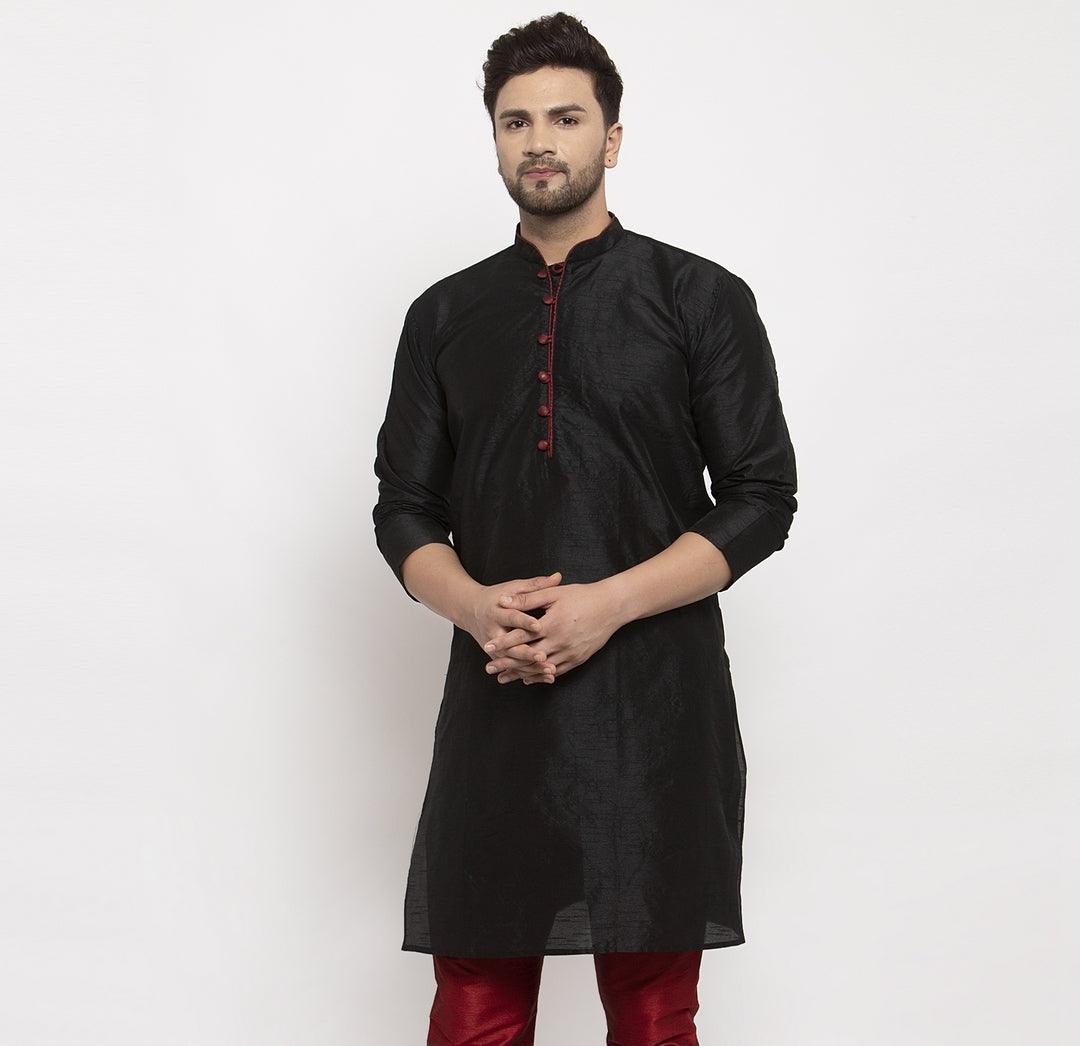 Men's Silk Blend Black Straight Long Kurta - Benstoke - Indiakreations