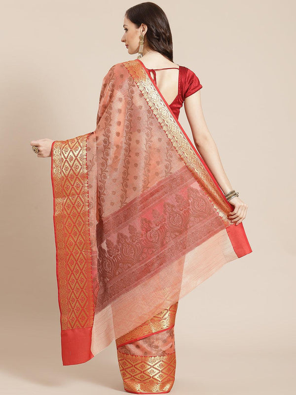 Women's Pink Cotton Silk Saree - Varanasi - Indiakreations