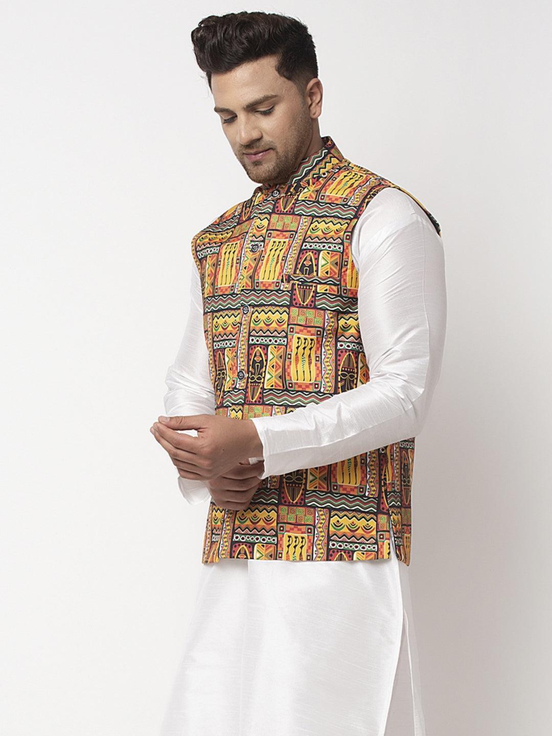 Men's Yellow & Black Printed Nehru Jacket - Benstoke - Indiakreations