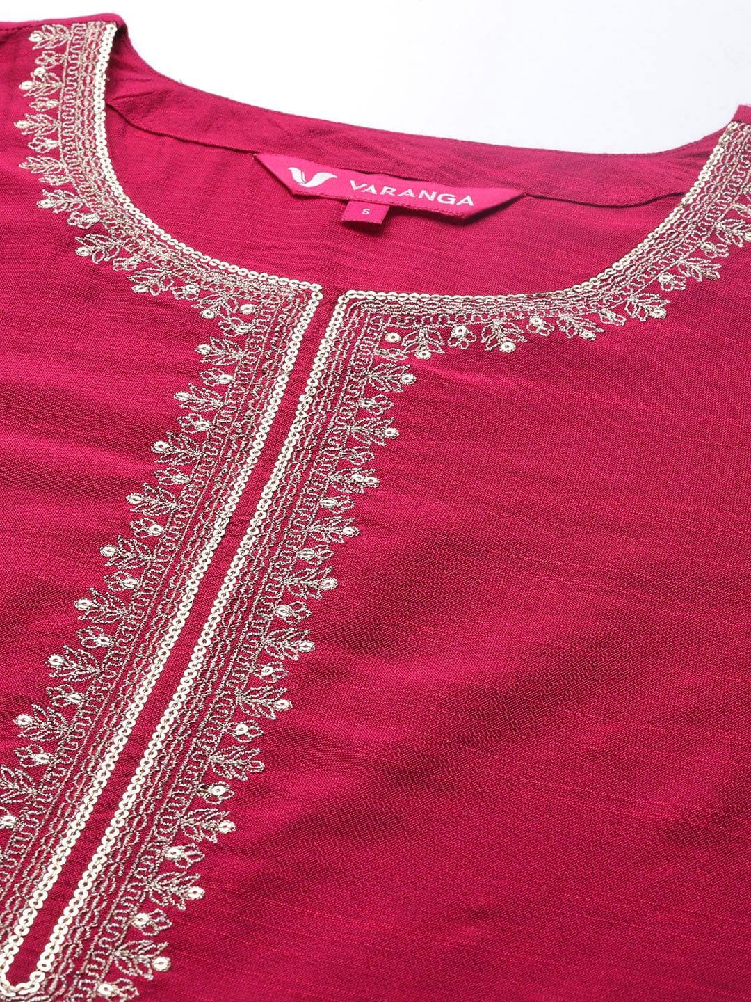 Varanga Women Maroon Ethnic Motifs Embroidered Kurta with Trousers & Dupatta - Indiakreations