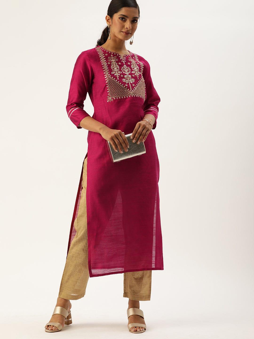 Magenta Pink Yoke Design Straight Kurta with Gotta Patti & Sequins - Indiakreations