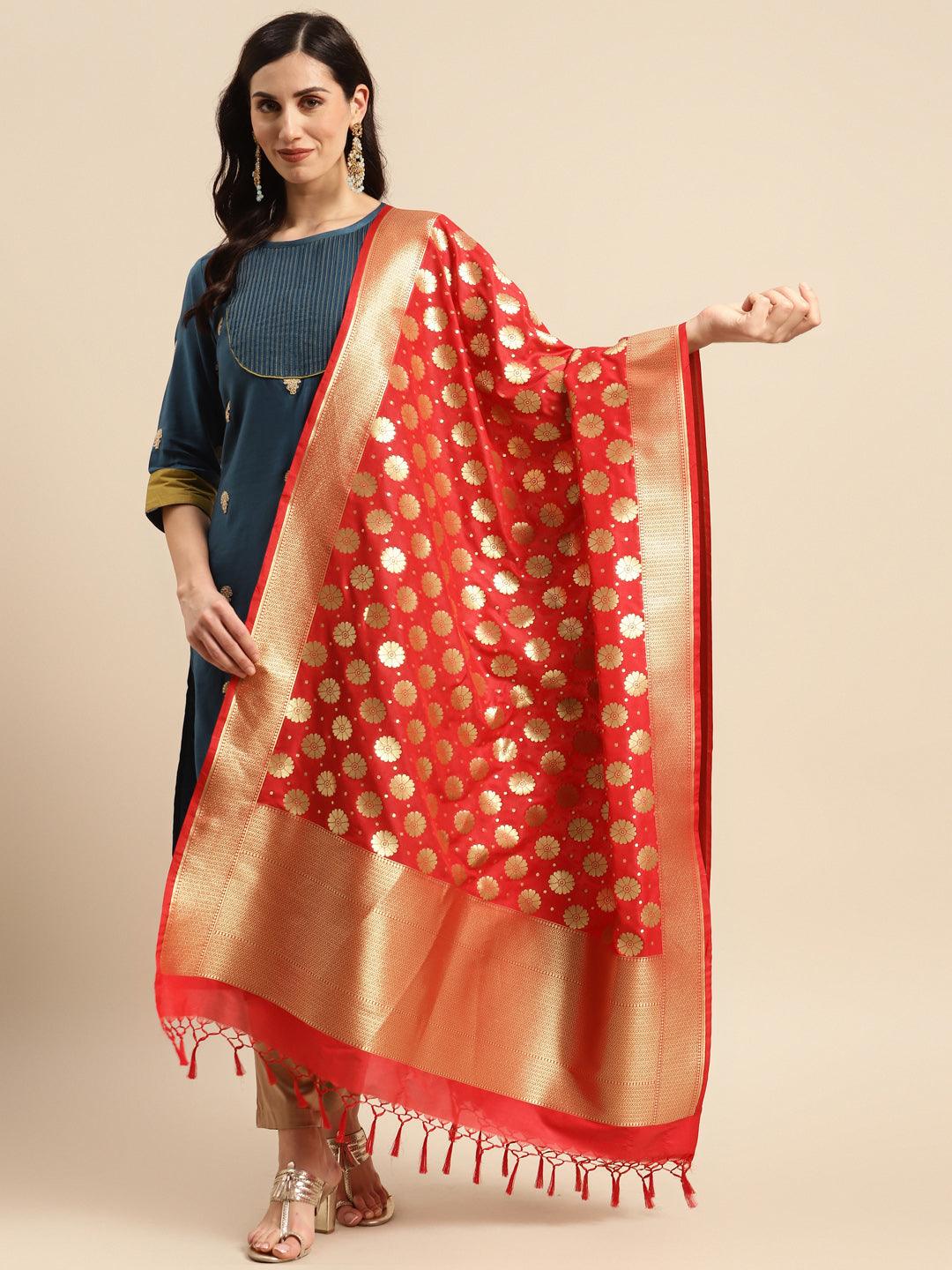 Women's Red Color Ethnic Motifs Woven Design Dupatta With Zari - Varanasi - Indiakreations