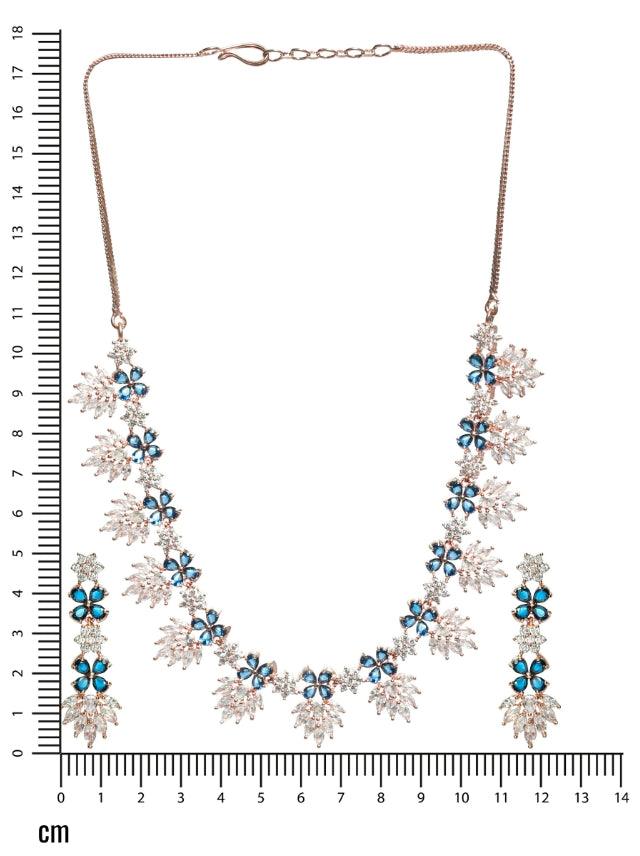 Women's Rose Gold-Plated Blue & White Ameriacna Diamond & Cz-Studded Floral Jewellery Set - Jazz And Sizzle - Indiakreations